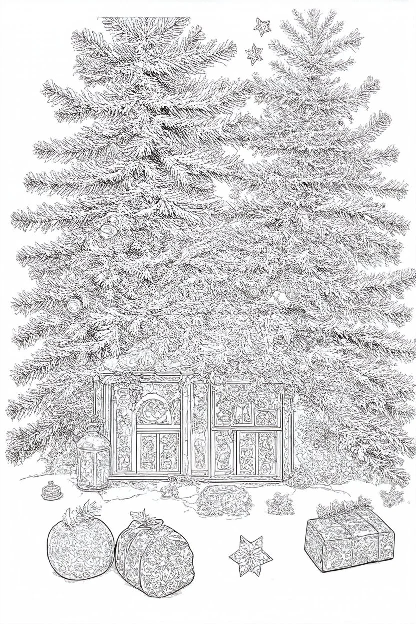 coloring page of a Christmas drawing, detailed, A4, witte achtergrond. Geen sfeer, zwart wit.