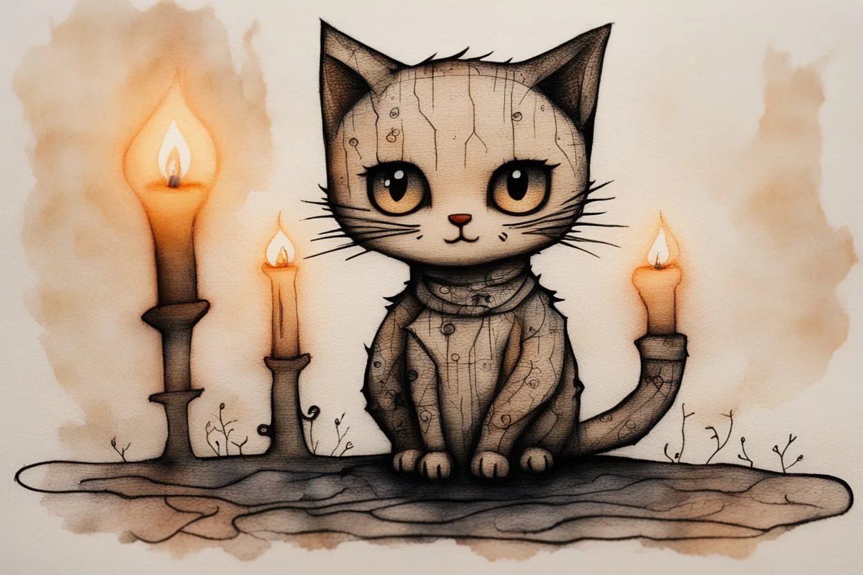 painted and burned burlap, moonlight, cute chibi kitten, styles of Paul Klee Dee Nickerson and Tim Burton, melting watercolor and black ink outlines on wet paper, soft, shading strokes, in candlelight, ethereal, otherwordly, cinematic postprocessing, bokeh, dof