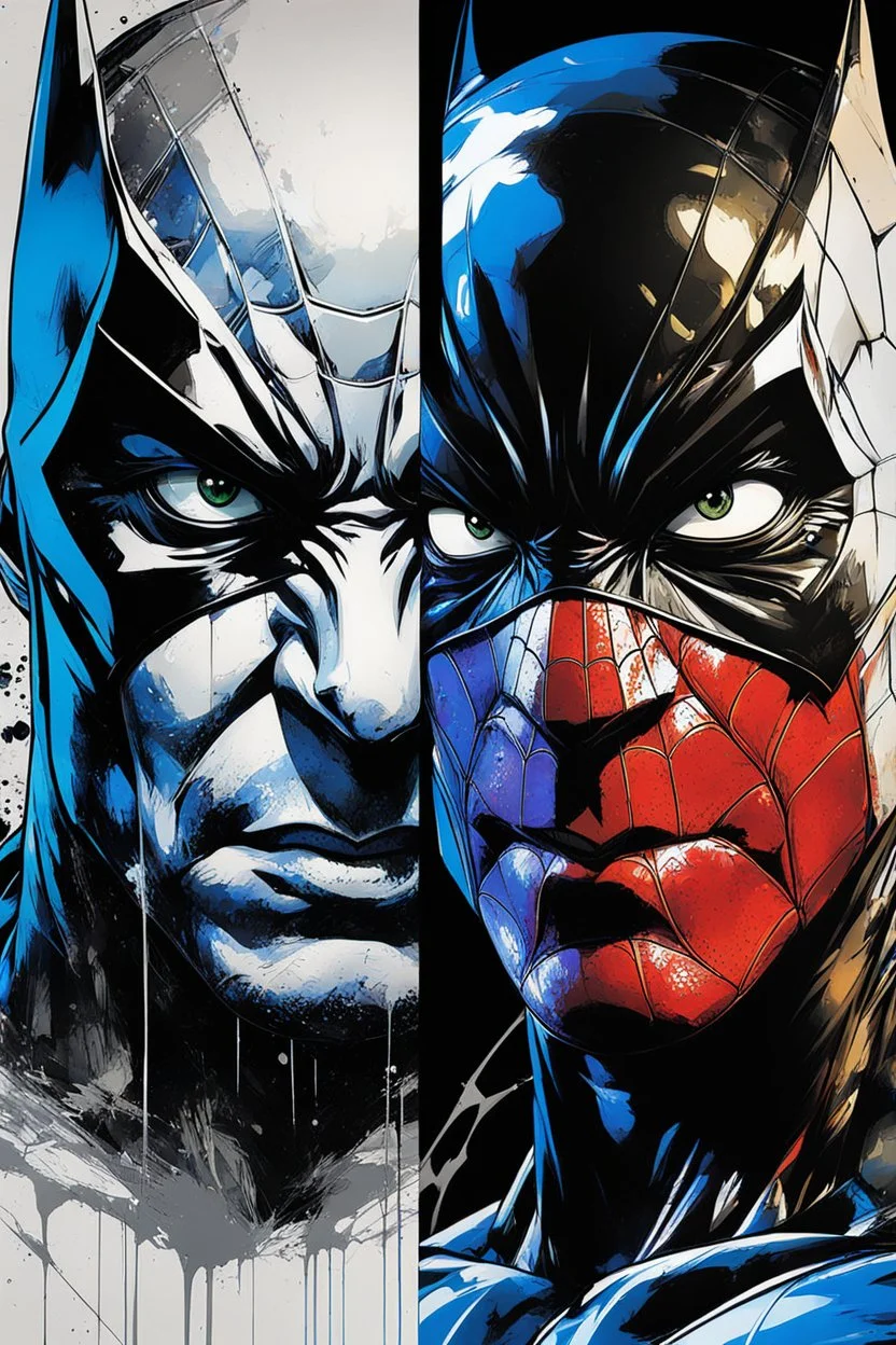 Poster in two gradations, split in half, one side "spiderman", other side "batman", midline of the face, painting by Yoji Shinkawa, solid, tetra and splash colours detailed iridescent, metallic, translucent, dramatic lighting, hyper futuristic, digital art,