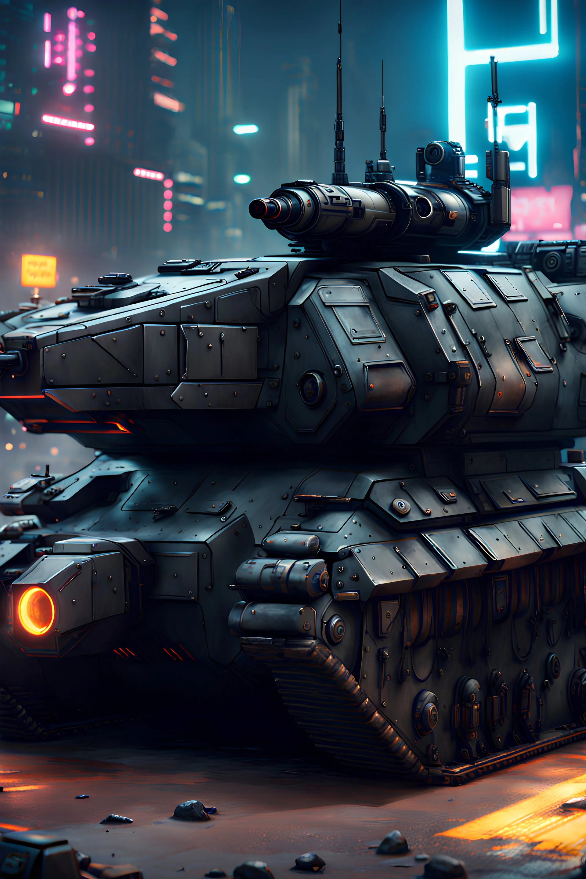 Cyberpunk Military Tank, Black Armor, Slim Turret, Long Electric Cannon, High Detail, 4K