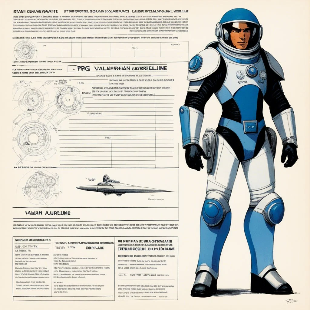 character concept sheet with AD&D statistics and characteristics for the TTPRG "Valerian and Laureline", [illustration by Jean-Claude Mézières (1967)] spacio-temporal agent Kael Dravan (male human), in spacesuit, ready to drive a spaceship