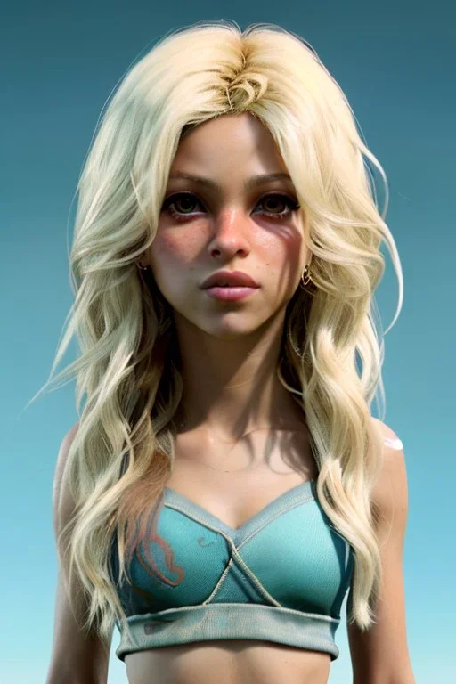 Shakira, artist, 30 years old, Realistic image, waist up portrait, blonde, loose long hair, wind, eyes make up, perfect, glow, circle iris. concept art, smooth, unreal engine 5, god lights, ray tracing, RTX, lumen lighting, ultra detail, volumetric lighting, 3d, finely drawn, high definition, 4k.