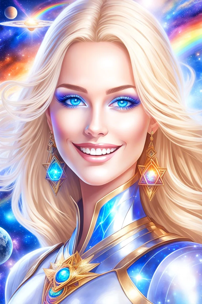 cosmic woman smile, admiral from the future, one fine whole face, crystalline skin, expressive blue eyes,rainbow, smiling lips, very nice smile, costume pleiadian, Beautiful tall woman pleiadian Galactic commander, ship, perfect datailed golden galactic suit, high rank, long blond hair, hand whit five perfect detailed finger, amazing big blue eyes, smilling mouth, high drfinition lips, cosmic happiness, bright colors, blue, pink, gold, jewels, realist, high commander