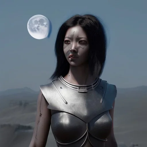 black hair lady warrior top with blade under the Moon