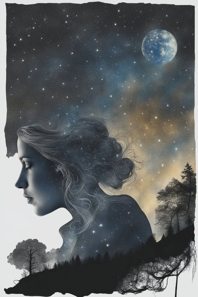 Double exposure of a female person's profile and a utopistic starry night sky, dramatic mood, dark depressive style, highly detailed intricate, surreal, stunning