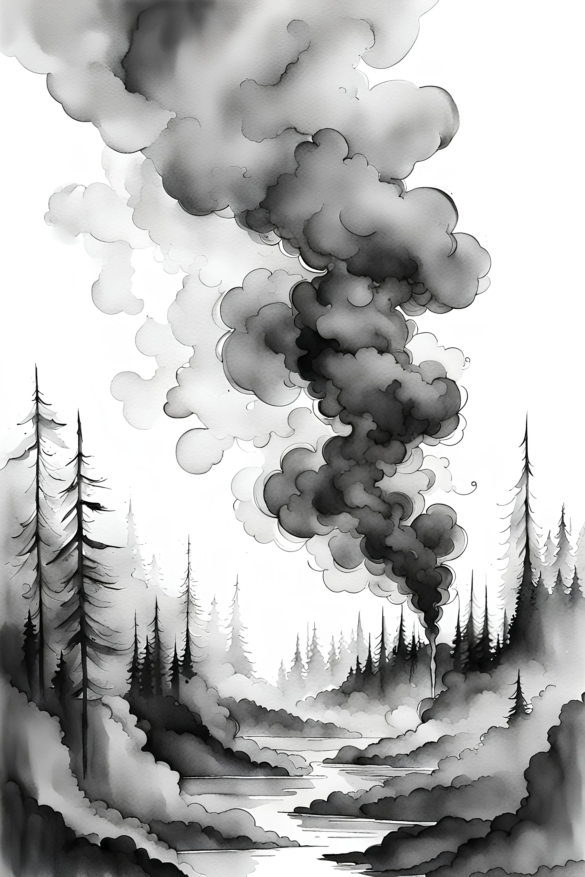 black and white watercolor drawing print smoke