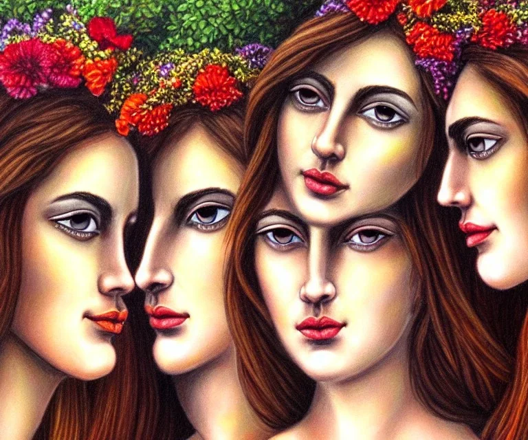 Realistic detailed face portrait of The goddess of beauty, goddess of spell and goddess of joy. "The Three Graces"