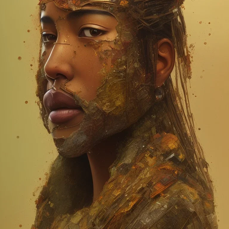 human native portrait, rust, scaffolding, iron cladding, decay, mixed media, textured, anatomically correct, beautiful perfect face, sharp focus, highly detailed