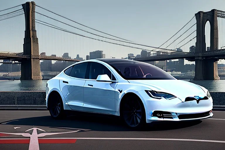 A Tesla 'Model 3' is parked, on the 'FDR Drive', eastern Manhattan. (CINEMATIC, WIDE ANGLE LENS, PHOTO REAL)