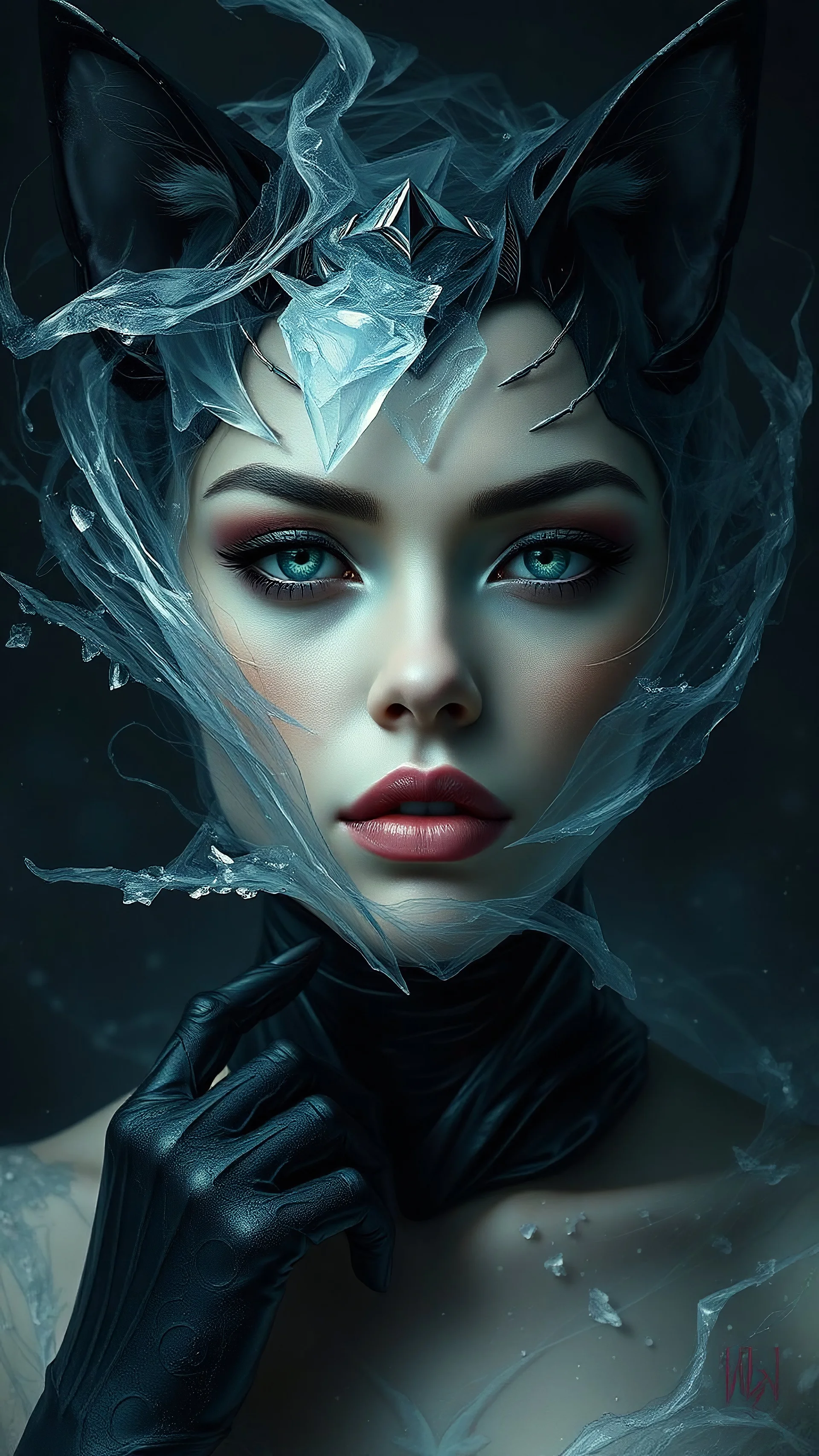 Realistic portrait of CATWOMAN: a surreal portrait of a woman with a swirling, icy essence, in an ethereal setting.