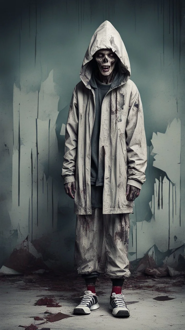 Create an ultra-wide photo of a decrepit zombie wearing an Adidas coat and hood, set against an abstract background. The overall style of the image should be a minimalist fashion with an Artgem twist. The zombie should be rendered in a decrepit and cadaveric style, with a focus on creating a sense of horror and decay. The Adidas coat and hood should be rendered in high detail, with a focus on capturing the texture and style of the clothing. The background of the image should be an abstract desig