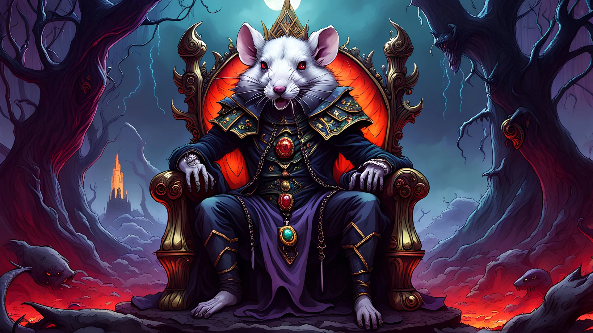 A gritty, full-body shot of an insatiably evil black opal iridescent pearlescent demonic white rat king on a bone throne in a hellish landscape, with sharp ivory teeth, macabre, red yellow purple, Dariusz Zawadzki art style, liminal spaces, horror art, dark gaming background, wet, glossy, horror art, trypophobia, eerie, intricate details, HDR, beautifully shot, hyperrealistic, sharp focus, back lit, 64 megapixels, perfect composition, high contrast, cinematic