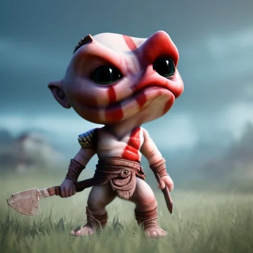 Cute baby video game god of war krotos, holding axe, mytology, 8k resulation, cinematic, cinema4d, hyper detailed, cinamtic lighting, octane render, unreal engine 5, realistic