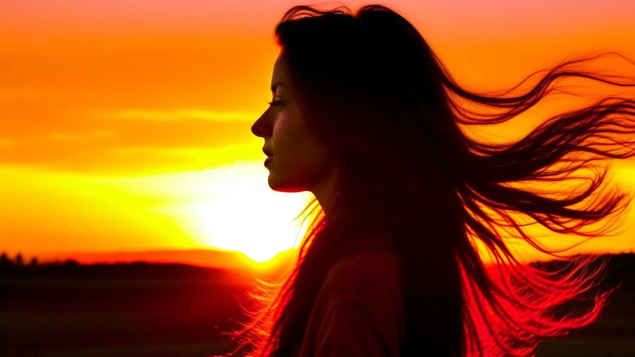 Silhouette of the head of a young lady with long flowing hair in a slight breeze. At sunset in Czech nature.