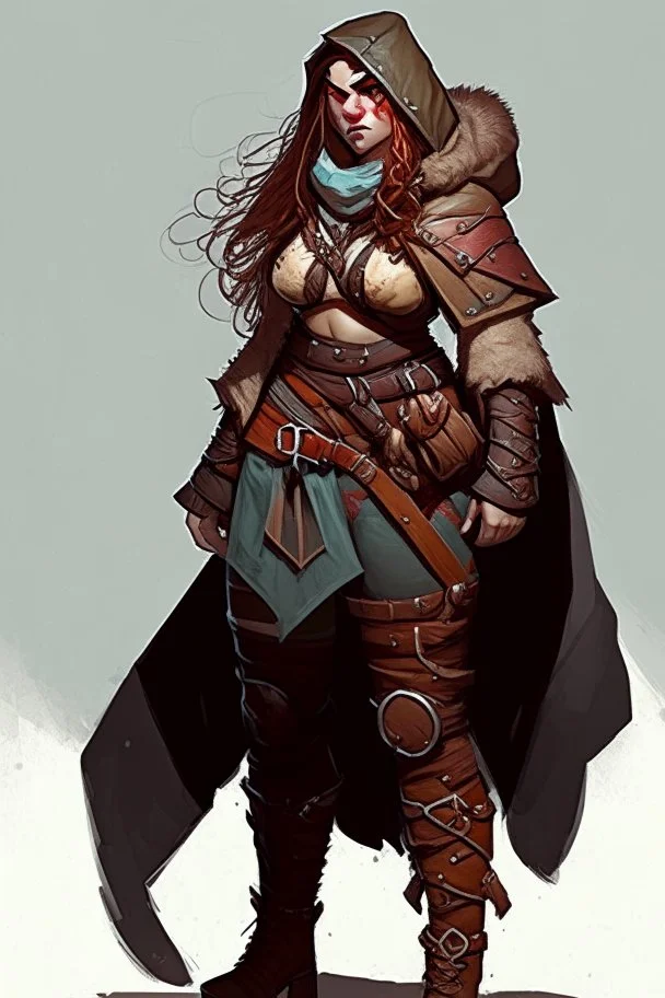 female barbarian dnd character wearing pants and hood