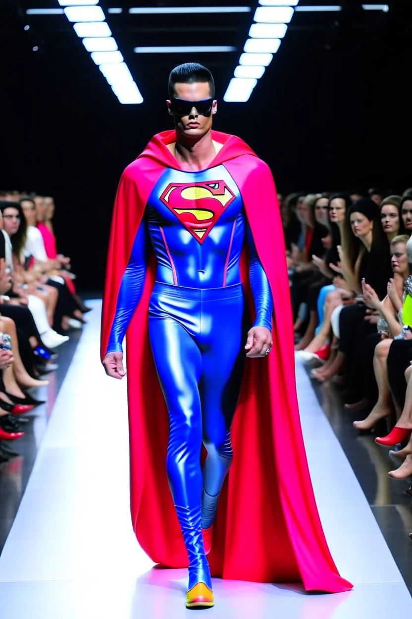 Superman on a fashion runway like Balenciaga Style