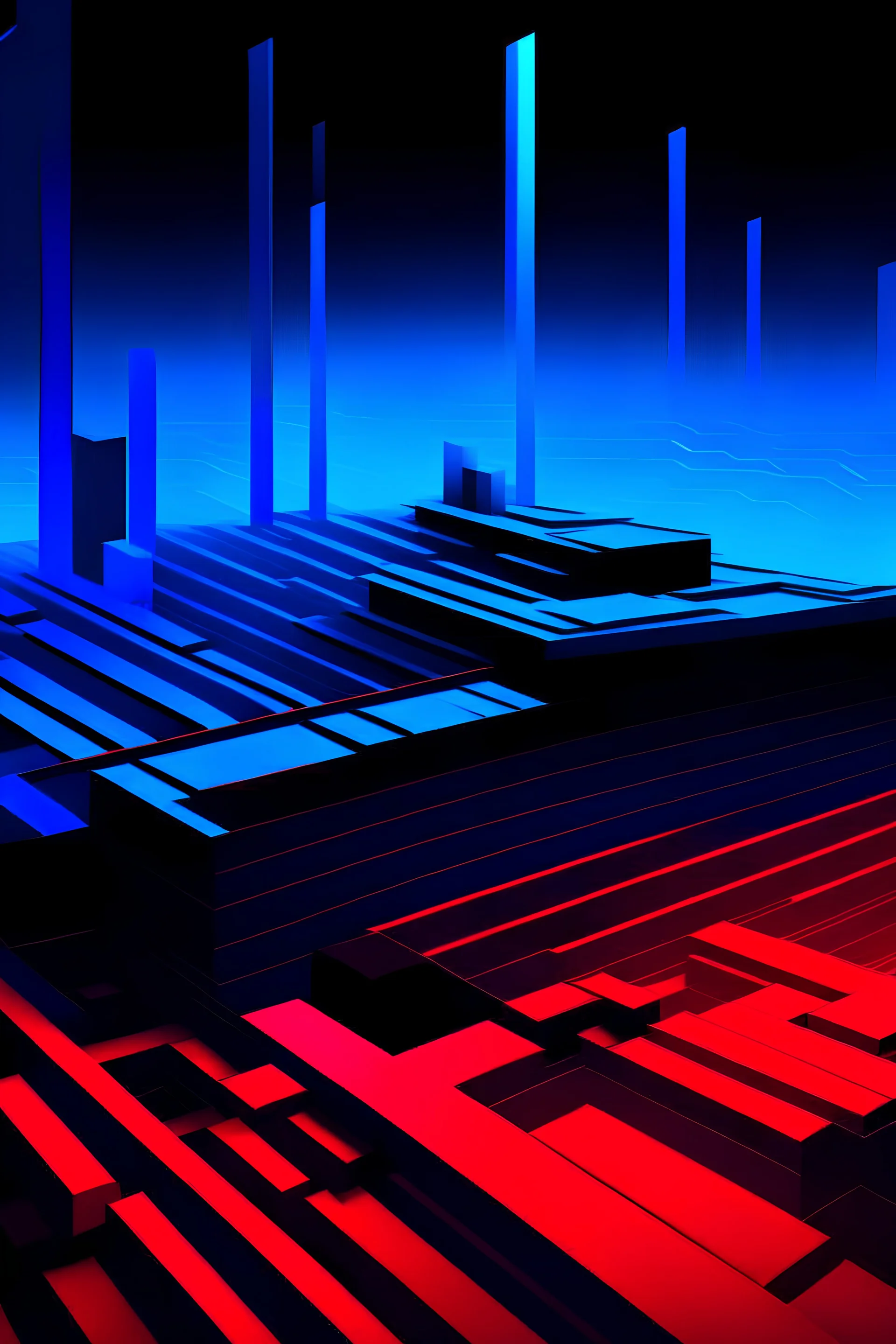 An abstract representation of a corrupted game level, flat design, modern, 4k, epic composition, flat vector art illustration, black, red, and blue, long shot --no text, fonts, letters, words, watermark, gradient