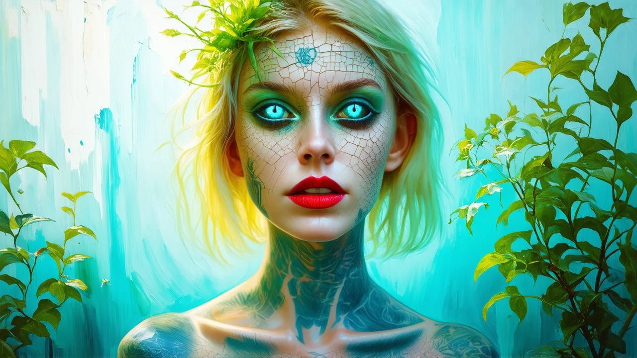 old retro photography, faded vignette, worn and cracked, double exposure, surrealism, blonde humanoid from another world, red lips, half body, greenish blue pale transparent glowing skin, plants growing out of head, tattoo, alien transparent eyes, hyperdetail, double exposure, Anna Razumovskaya, Anna Dittmann, Luis Royo, neo-impressionism, expressionism, oil painting. Vivid, detailed and textured brushstrokes reminiscent of Royo and Peter Coulson. Deep colors and dramatic lighting with cinematic