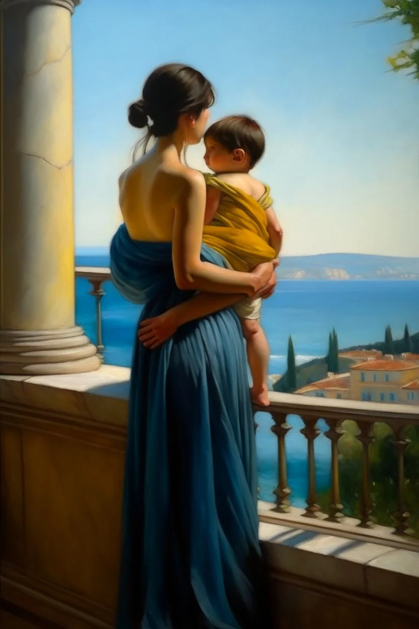 Neoclassicism mother with child in her arms waiting whole body zoom out realistic cote d'azur painting from the back