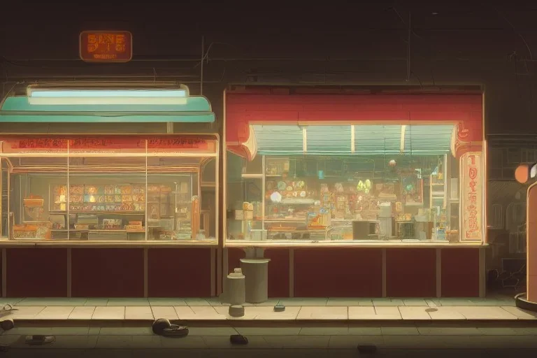 a highly detailed matte painting of a single small building, donut snack bar with take away counter with sign by studio ghibli, makoto shinkai, by artgerm, by wlop, by greg rutkowski, volumetric lighting, cyberpunk, octane render, 4k resolution, trending on artstation, masterpiece