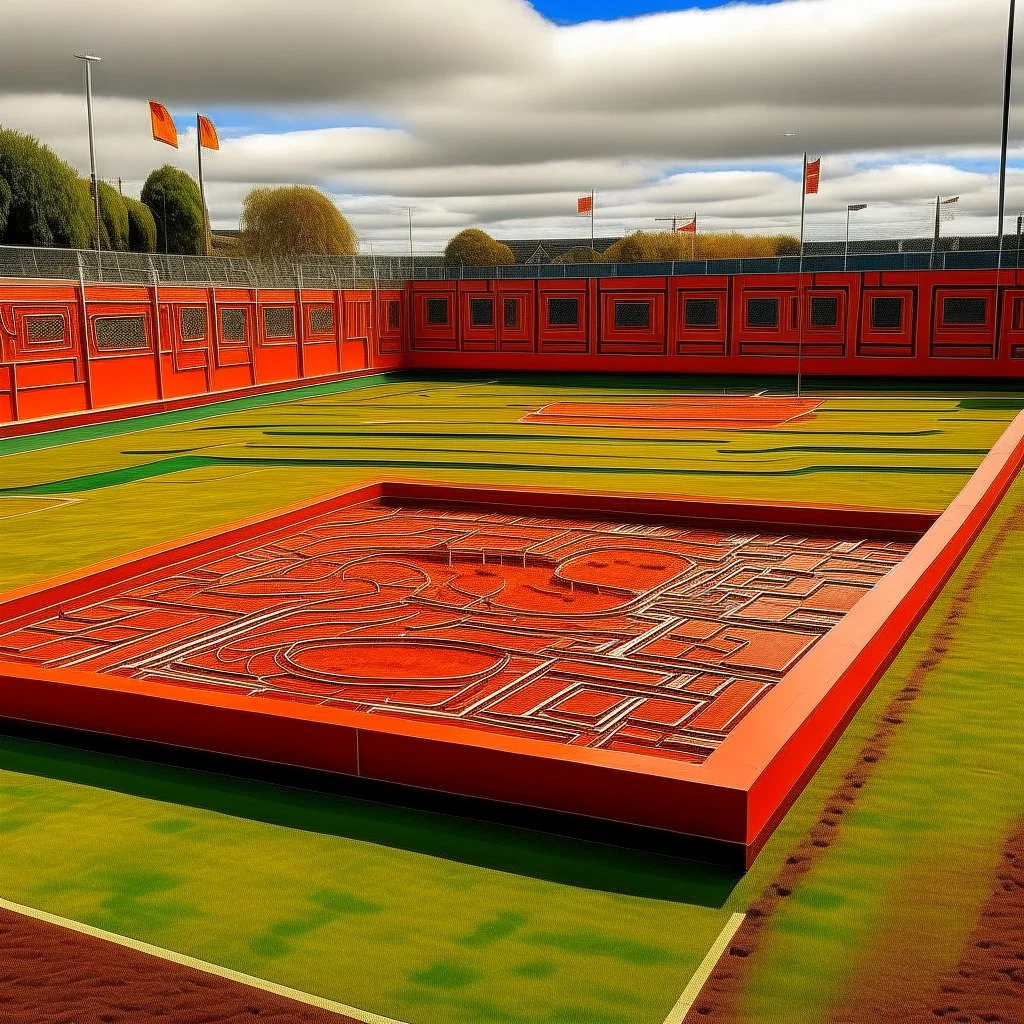 A reddish orange colored mechanical baseball field designed in Maori sculptures painted by Piet Mondrian