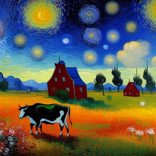 Dibujo al oleo de una pradera con una casa y unas vacas con muchas nubes de colores estilo Vincent van Gogh