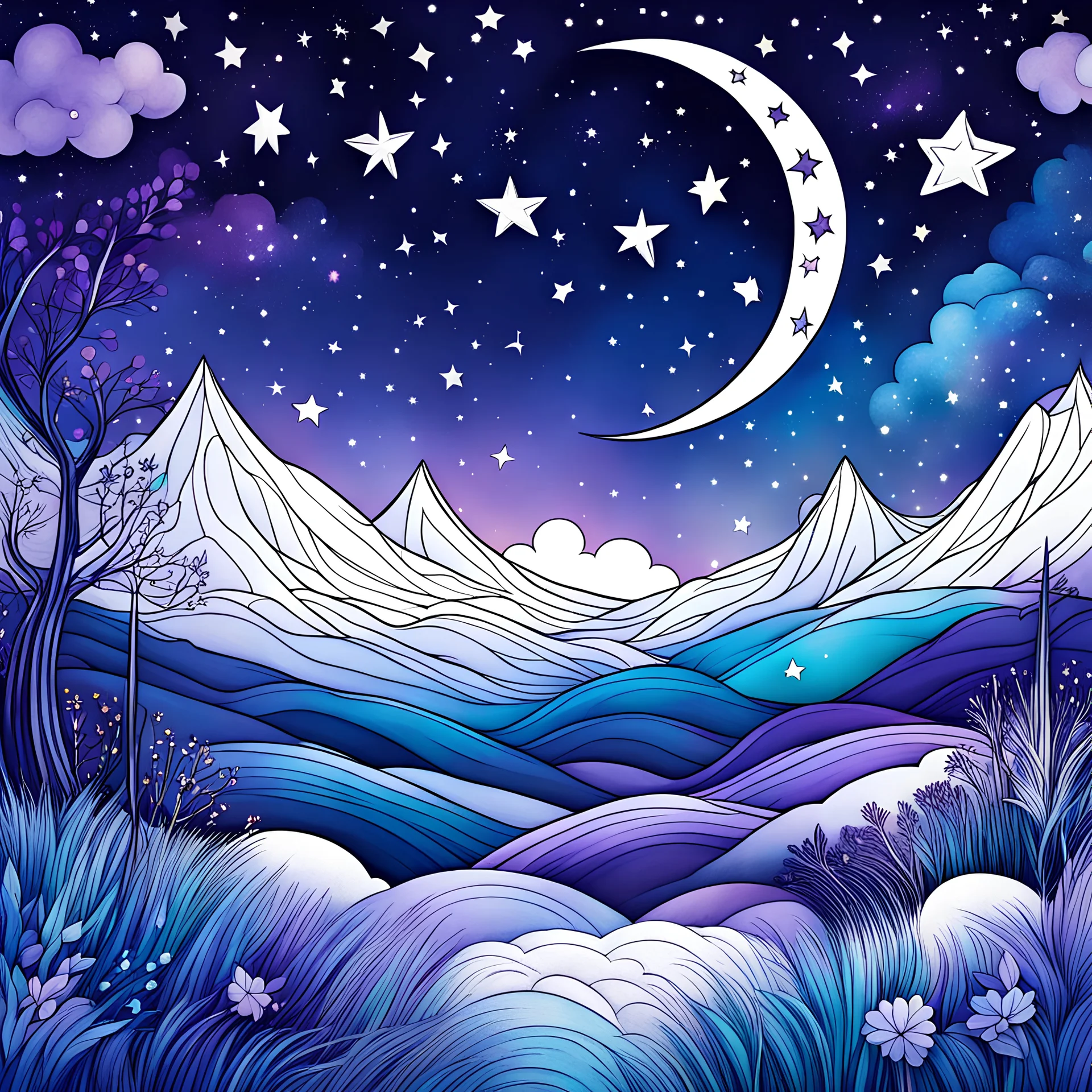 imagine a starry night sky filled with whimsical elements like crescent moons, shooting stars, and fluffy clouds. Create a design that captures the magic of a dreamy night, leaving room for coloring the sky in calming blues and purples while adding a touch of enchantment to the celestial elements.