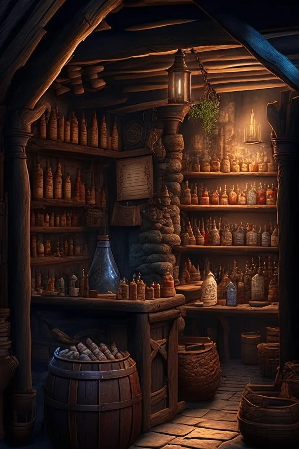 inside of a medieval shop, wooden walls, log pillars, stone bar with shop keeper behind it, magical ingredients on display and weapons on display