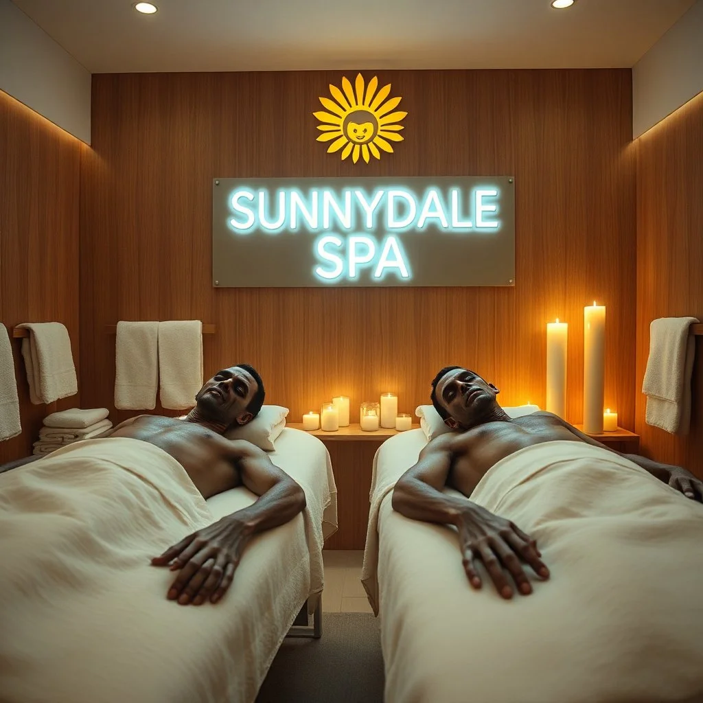 high film grain, photoreal, two male zombies in a luxurious modern spa laying on massage tables, scented candles, modern sign reading "SUNNYDALE SPA", teak wood walls, white terrycloth towels
