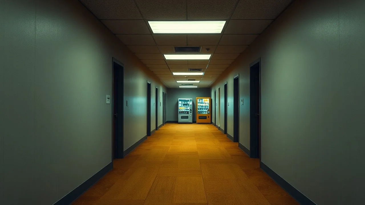 liminal office hallway with worn yellow carpet, repetitive architecture of identical rooms, flickering fluorescent lights, the corridor curves upward impossibly, a glowing vending machine in the distance, silent unsettling atmosphere, backrooms aesthetic, hyper realistic photography, wide angle