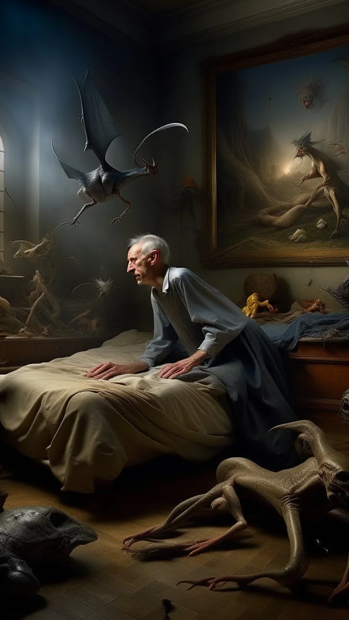 Bosch nightmares paining style Title:a digital weightartistic photography, photorealistic concept art, soft natural volumetric cinematic perfect light, chiaroscuro, award-winning photograph, masterpiece, oil on canvas, Raphael, Caravaggio, Greg Rutkowski, people, beksinski, Giger