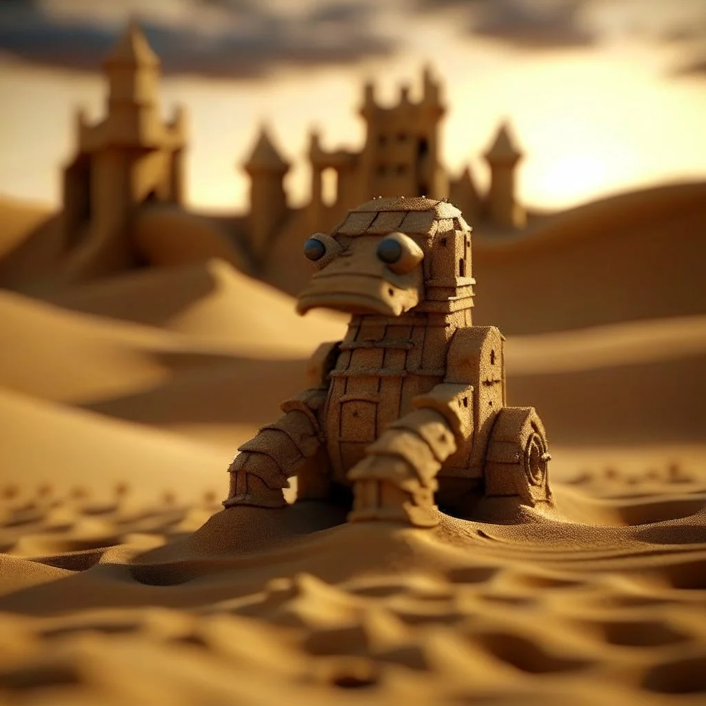 sand golem in the wind in castle in the desert in evening, photo-realistic, shot on Hasselblad h6d-400c, zeiss prime lens, bokeh like f/0.8, tilt-shift lens 8k, high detail, smooth render, down-light, unreal engine, downlight