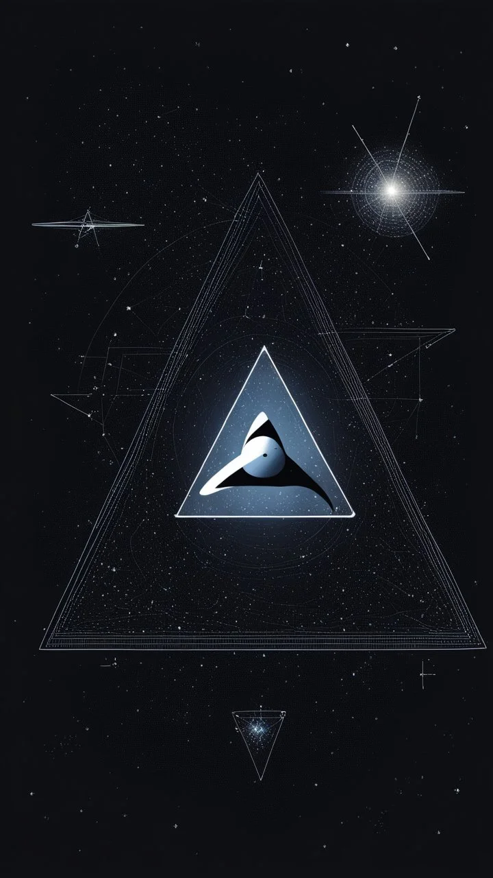 [contemporary art by mounir fatmi] Star Trek triangular logo over the dark space with mathematical formula and constellations