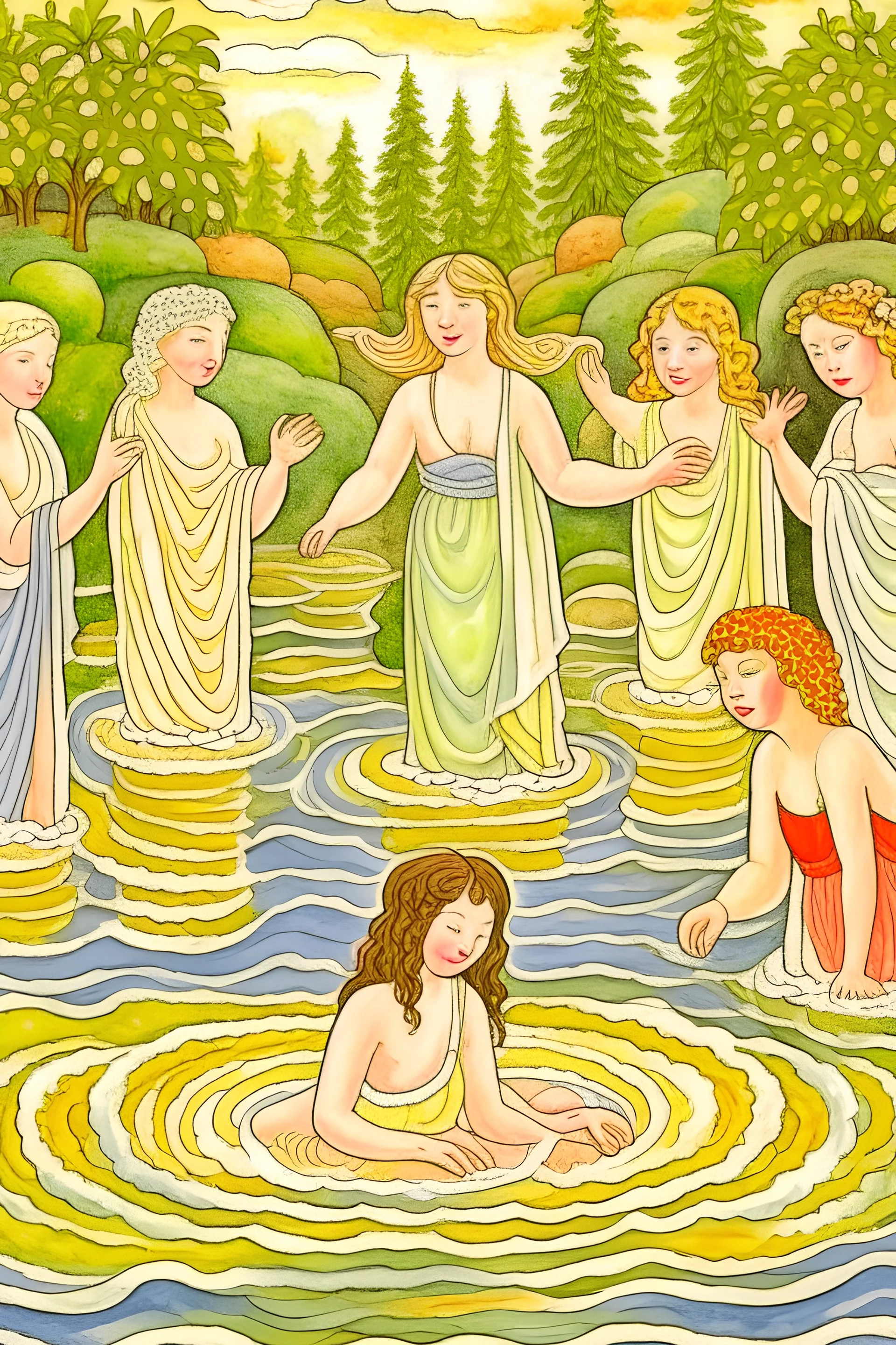 Make a picture of seven angels bathing in the river