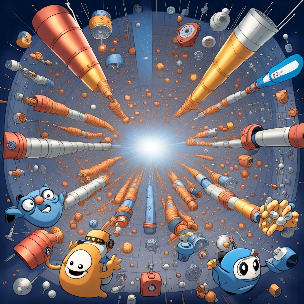 A wide variety of cartoon characters being accelerated within the superconducting supercollider.