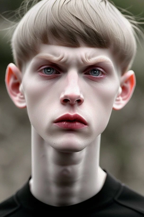 pale skin tone, black hair in a longish bowl cut with whisps in front of his ears, face is thin with high cheekbones and deep blue eyes that are often full of emotion and full lips. lean build that suggests he doesn't engage in a lot of physical activity. He is of average attractiveness with a boyish face.