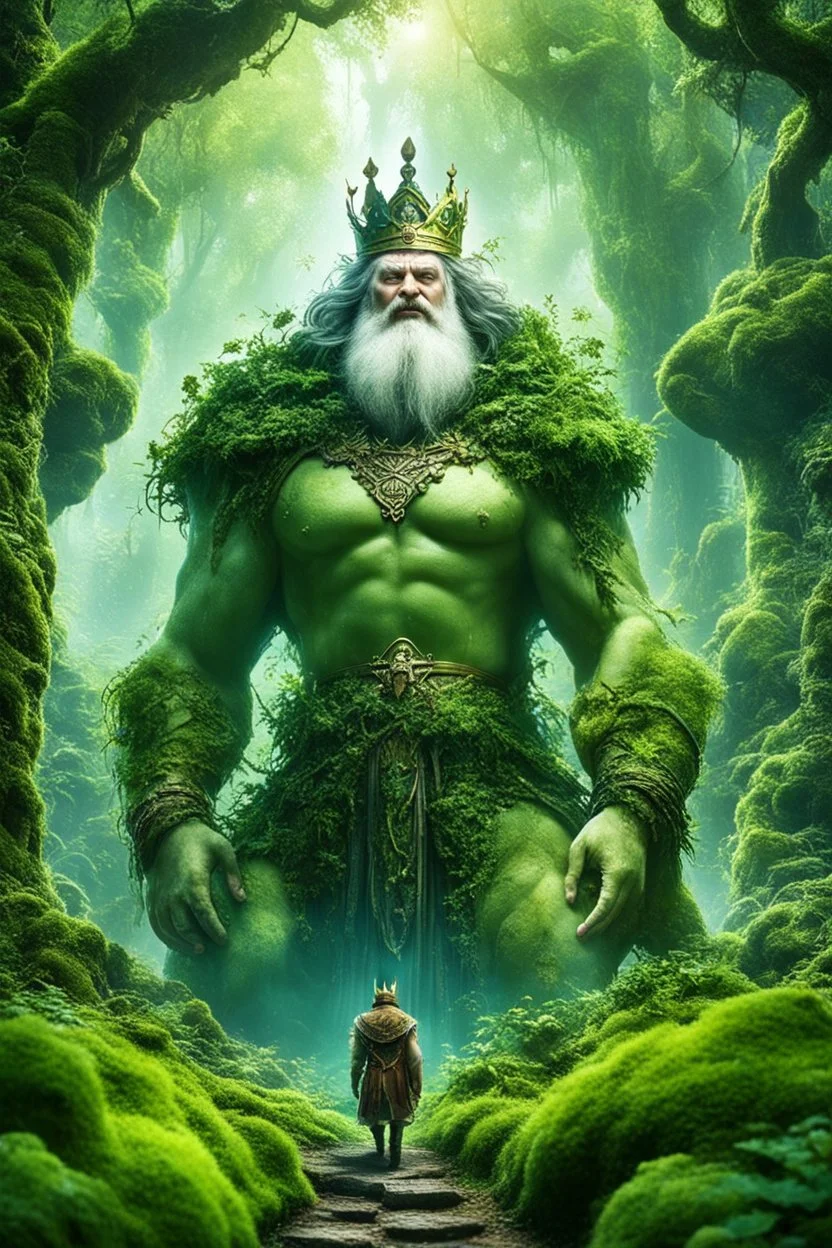 A giant rising king kicking his eyes are huge and wise, he has a sleepy expression ,his body overgrown with moss and vegetation, looking at small human ,as seen from behind the human,lush phantasy setting, fantastical world build, immaculate resolution, immaculate details,8K quality, animals frolic around