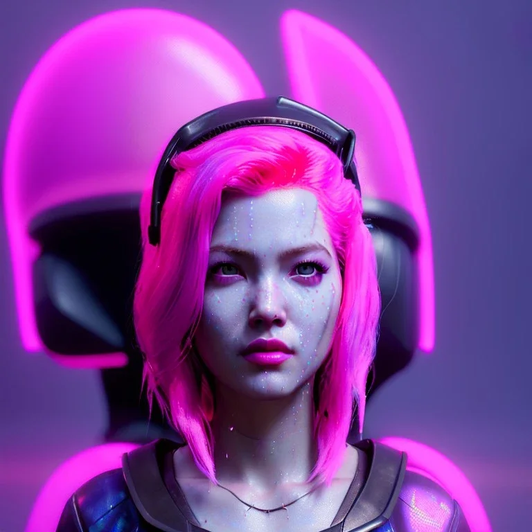 Pretty cyber woman, pink hair, sci-fi, sweet face, black, natural, pink, geisha style, symmetric plane, neon style, a lot of led lights, fog, rain, leather coat, vibrant color, highly detailed, art stations, concept art, smooth, unreal engine 5, god rays, ray tracing, RTX, lumen lighting, ultra detail, volumetric lighting, 3d, finely drawn, high definition, high resolution.