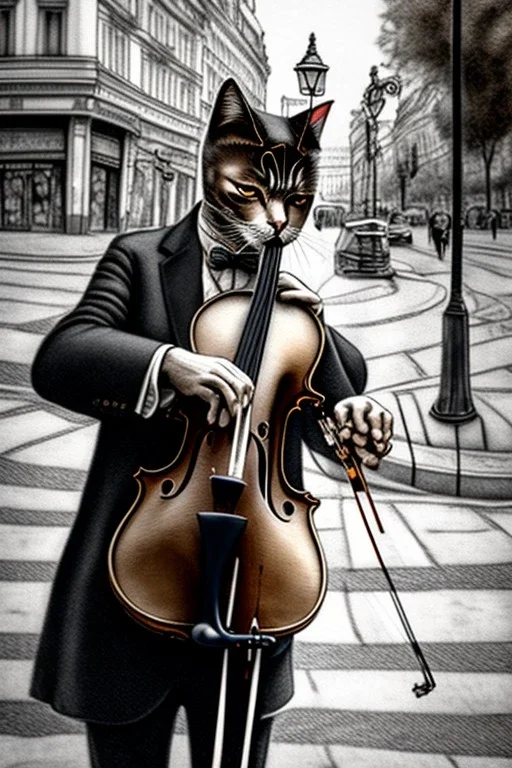 One single mature cat playing violin on the street, Vienna,thoughtful, mourning, model style, hyper realistic, extremely accurate, delicate, extremely detailed, Graphic novel style, wide-angle, open aperture, superfine pencil