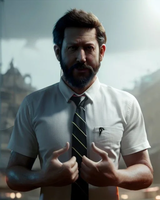 Realistic image, hybrid formed by simple Elmo muppet head and real human body, human arms and hands, Shirt and tie, concept art, smooth, unreal engine 5, god lights, ray tracing, RTX, lumen lighting, ultra detail, volumetric lighting, 3d, finely drawn, high definition, 4k.