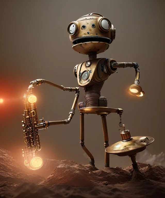 happy mechanoid person playing jazz with a steampunk theme, realistic