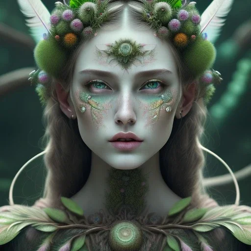 Portrait of beautiful girl, plant, metal, feathers, Dryad, fae, sidhe, ominous, nature, plants, wildflower, facepaint, dnd character portrait, intricate, oil on canvas, masterpiece, expert, insanely detailed, 4k resolution, retroanime style, cute big circular reflective eyes, cinematic smooth, intricate detail , soft smooth lighting, soft pastel colors, painted Renaissance style,bokeh, 800mm lens