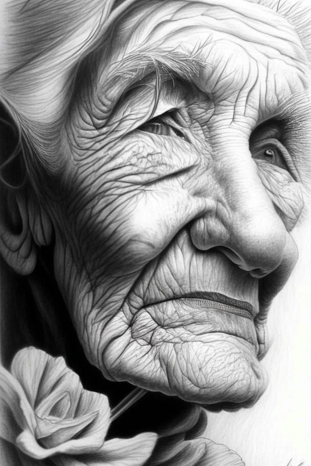 drawing, portrait,Flowers , wrinkles, features, white, lead, charcoal,drawing with pencil