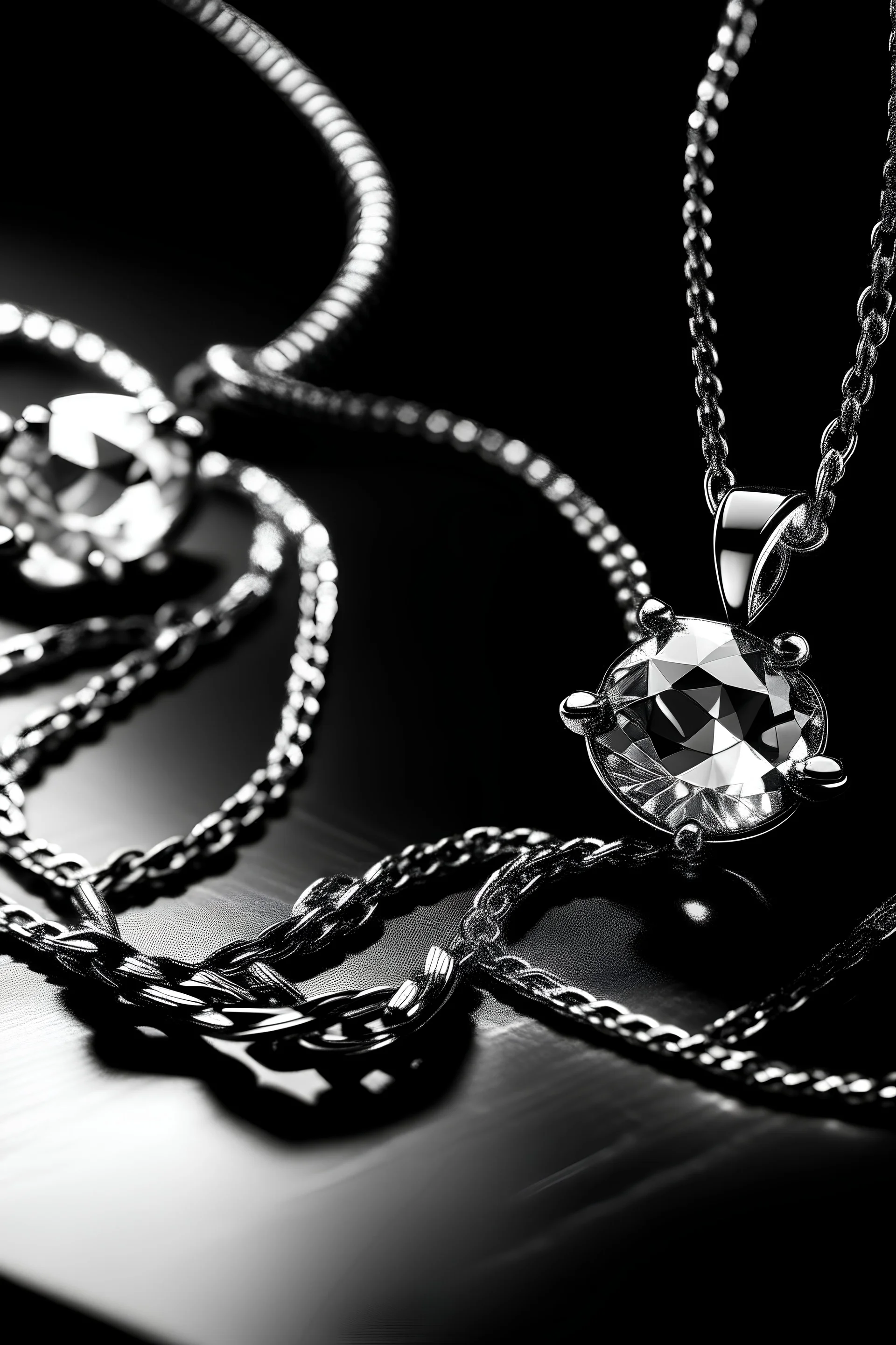 crisis diamond silver necklaces placed on a black and white background