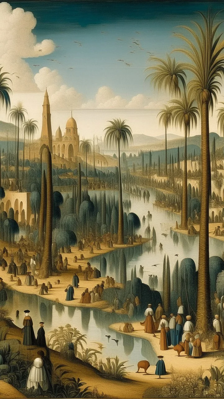 Bosch paint style nightmare, a city with date palms trees and river and people