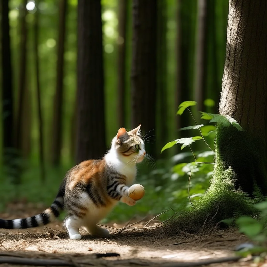 a cat playing small ball in the forest