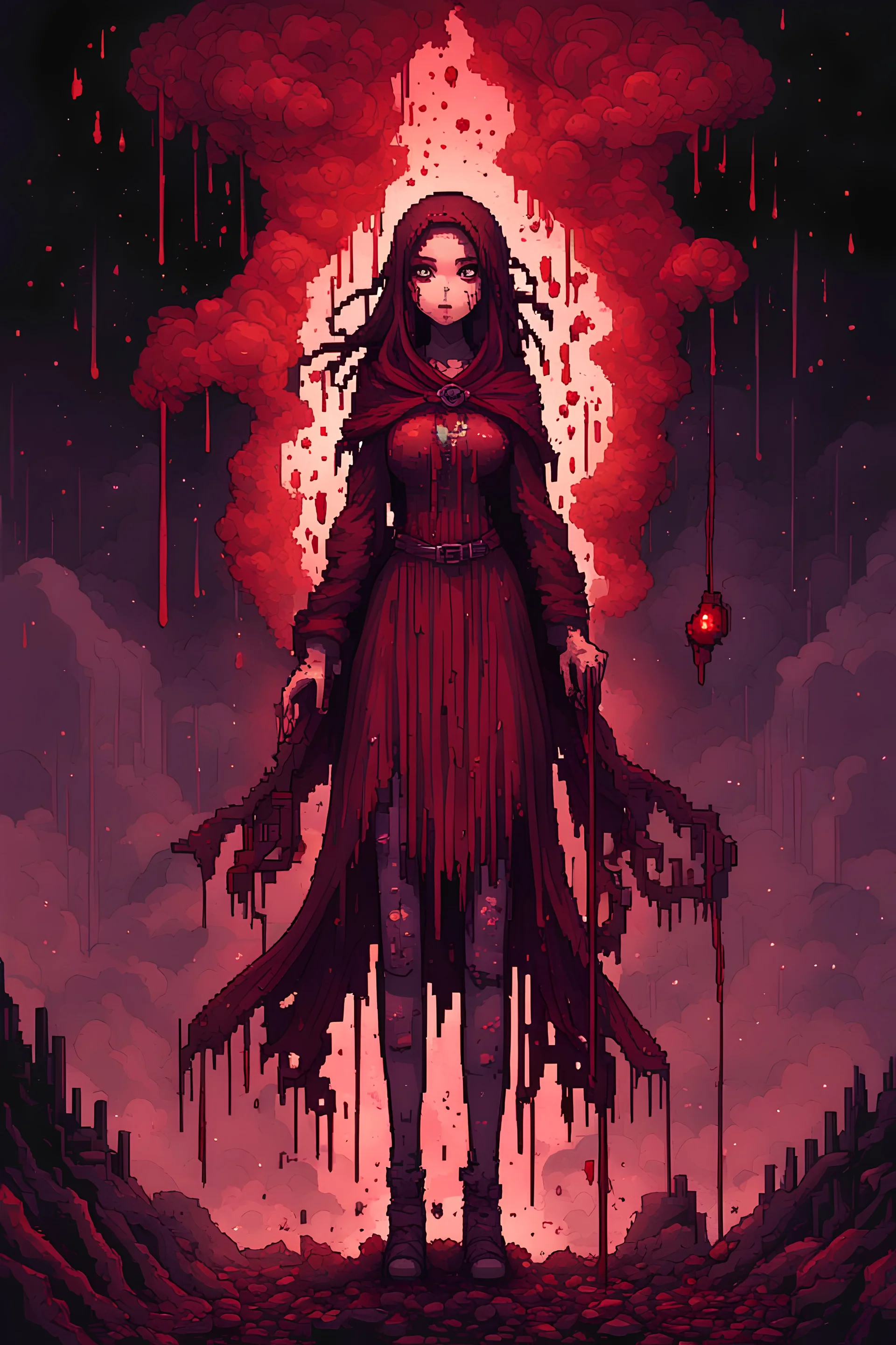 Girl wizard, fullbody, behind blood guts rising from the ground, horror, galaxy, darkred tones, 8bits, pixel art,