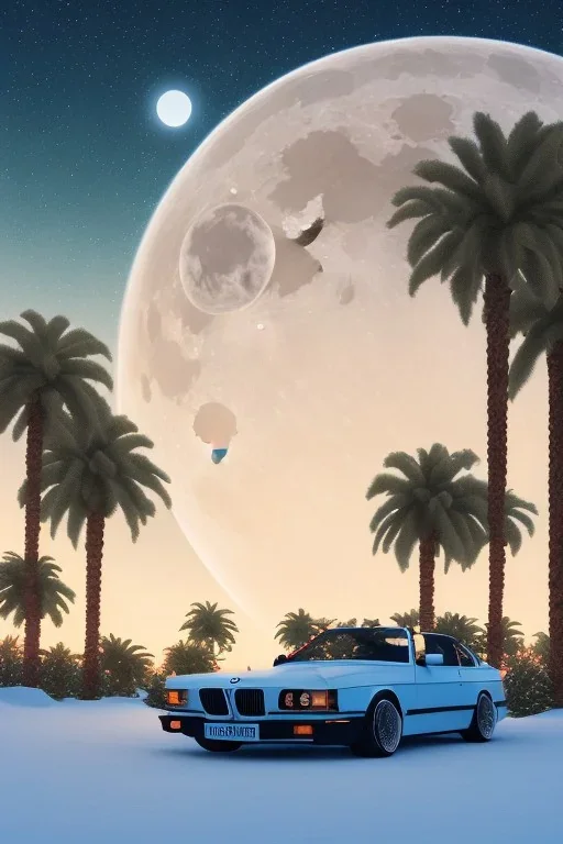 1980's aesthetic vaporwave palm trees with lighting with moon with bmw in the winter snow