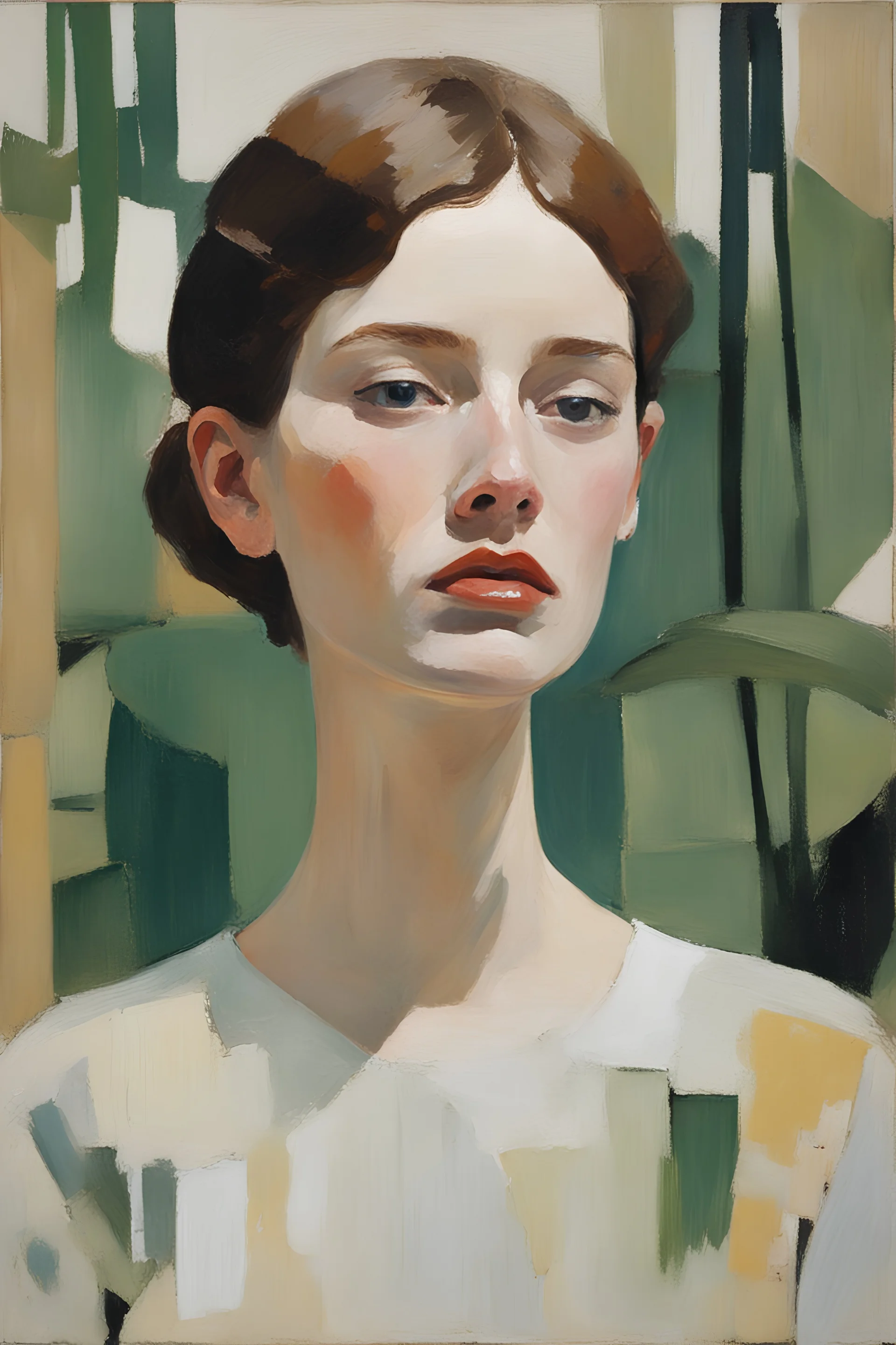 Maria Lassing-Euan Uglow oil painting wanderlast woman face fashion in a abstract jungle