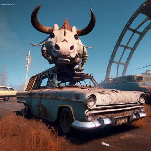 children of the atom,happy cute model sitting on roof of a caravan, wreckfest, spectacular graphics, unreal, road, bridge, fallout 4, mutant cow, guns